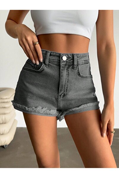 connemara شورت جينز نسائي عالي الخصر باللون الرمادي - شورت جينز قصير بقصة ضيق...