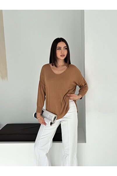 LA POMME Basic Oversize V-Neck Slit Knitwear Blouse Lp77001