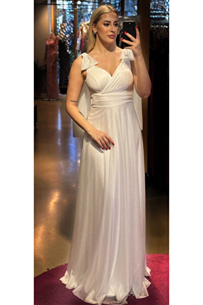 Abiyeniall Beyaz Kalın Askı Kloş Etekli Simli Kumaş Uzun Abiye Elbise 7557