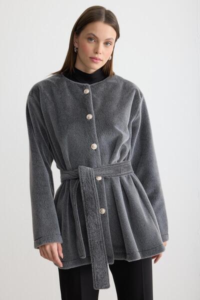 Rita Kadın kuşaklı düğmeli yüksek yaka triko tunik