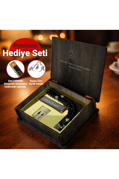 hediyekralı Kişiye Özel Ahşap Kutulu Harfli Tesbih ve Şarj Edilebilir Elektri...