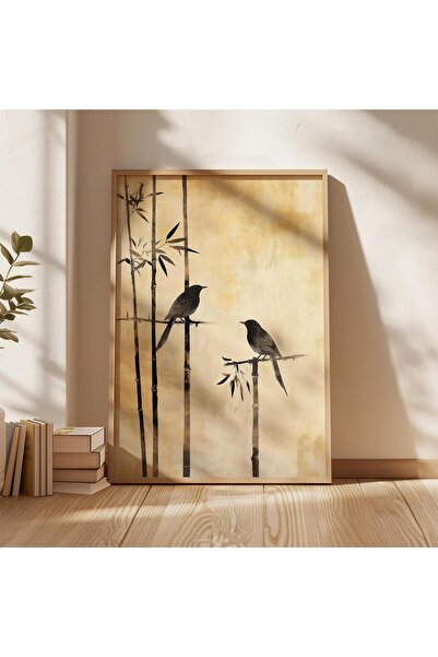 NinaStore Minimalist Bambu Kuş Duvar Sanatı, Dalda İki Kuş, Japon Mürekkep St...