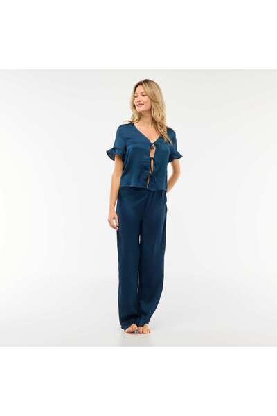 KIABI Crepe Knit Two-Piece Pajama Set BLUE
