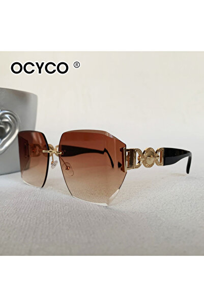 Choice نظارات شمسية بنية مربعة بدون إطار بتصميم بانك للنساء، ماركة فاخرة، مود...