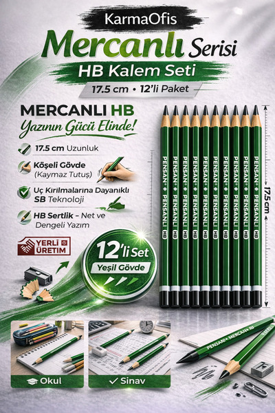 KarmaOfis Coral Hb Pencil Green Single Color 12 Pieces, Angled Body, 17.5 cm