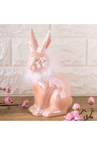 OEM Decoratiune de Paste Iepuras Ceramic Roz Perlat cu Pene 9x12x21cm