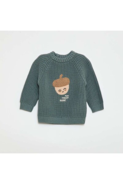 KIABI كنزة صوفية خضراء محبوكة من قطن مع غرزة لؤلؤية