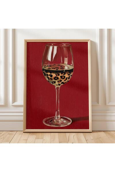 NinaStore Leopar Desenli Şarap Kadehi Sanat Baskısı Modern Mutfak Duvar Sanat...