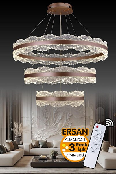 Ersan Avize Light Rose Gold 3 Katlı Kumandalı 3 Renk Işık Özelikli Dimerli Sa...
