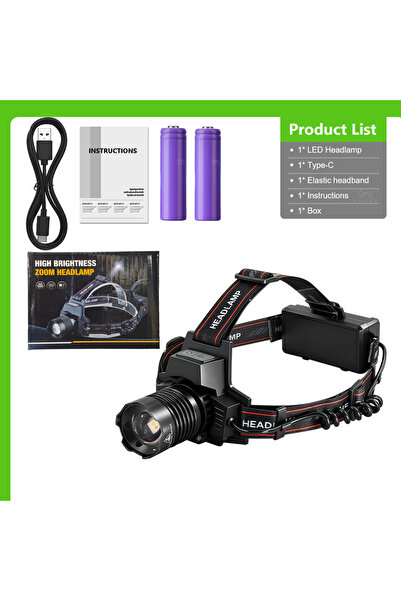 Choice 2400mAh 180000LM Hiking Headlamp Zoomable USB C Rechargeable Head Torc...