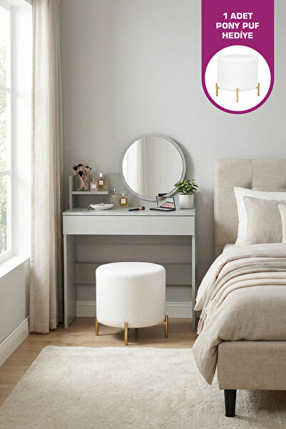 VİLİNZE Urla Tek Çekmece Bölmeli Organizer Kozmetik Aynalı Mini Makyaj Masası