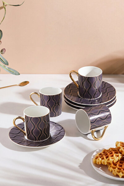 GÖNÜL 6 Kişilik Porselen Kahve Takımı, Gold Kulplu Desenli Fincan Seti
