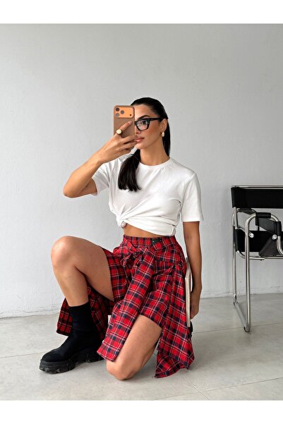 cottonage Plaid Pattern Women's Skirt with Waist Tie Detail