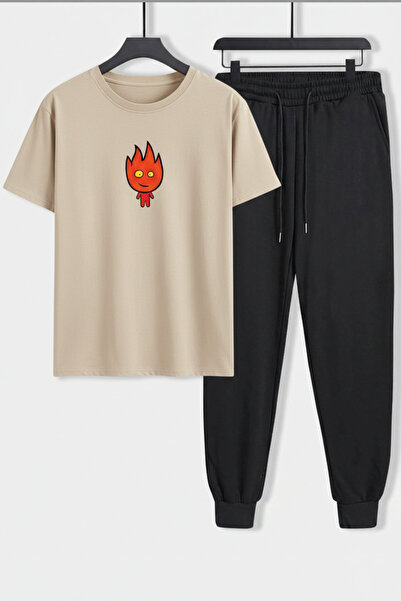 Trend Sizde Fire Character Printed Unisex T-Shirt Jogger Sweatpants 2-Piece Set