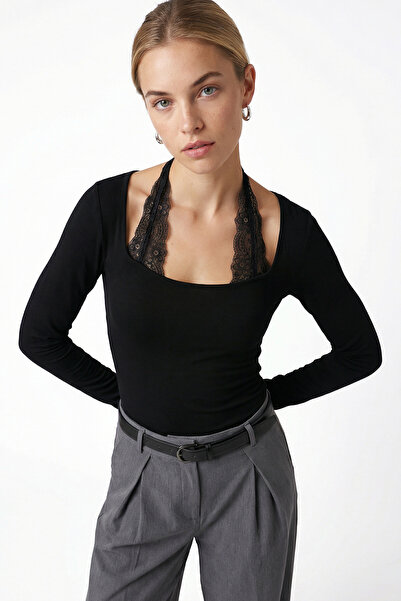 Ritnice Kadın Emma Dantel Detaylı Uzun Kollu Siyah Basic Top / Bluz