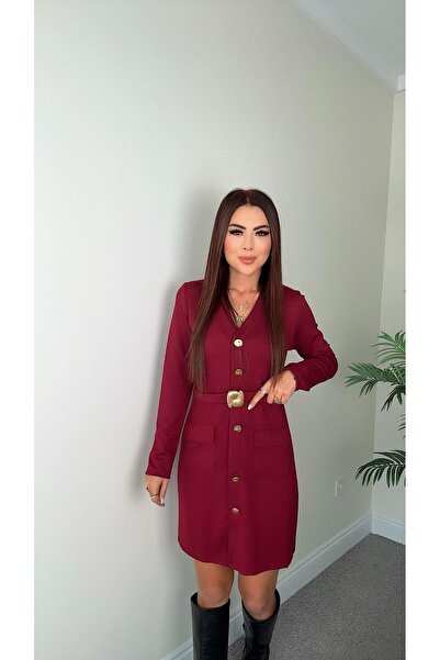DİDEM GÜLTAKTI Kulina Women's Belt Detailed Burgundy Dress