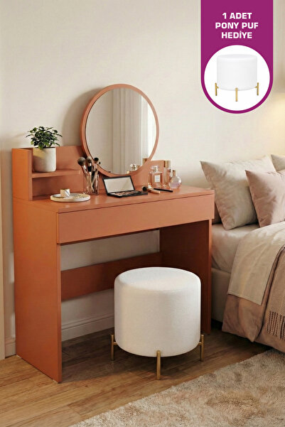 VİLİNZE Urla Tek Çekmece Bölmeli Organizer Kozmetik Aynalı Mini Makyaj Masası