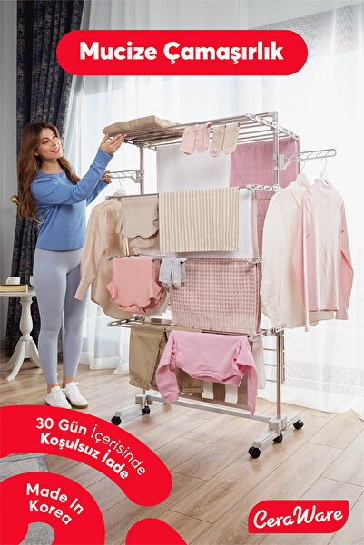 handanca 4 Katlı Çamaşırlık Tekerlekli Lüks Çamaşır Kurutma Askılığı