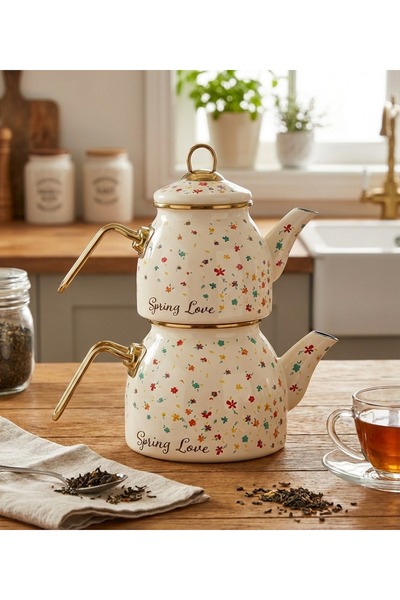ALLEGRI Spring Love Enamel Teapot Set Floral Pattern 2.1 + 1.3 Liter Large Ca...