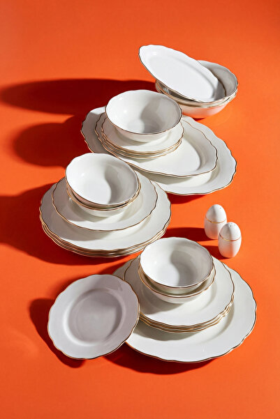 GÖNÜL 55 Parça 12 Kişilik Gold Bone China Yemek Takımı, Beyaz Gold Detaylı Po...