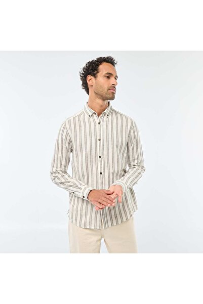 KIABI Striped Linen and Cotton Shirt WHITE