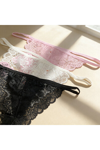 POKUT Kadın 3'lü Paket Pamuklu ve Geniş Dantelli Tanga Seti (Siyah, Beyaz, Pe...