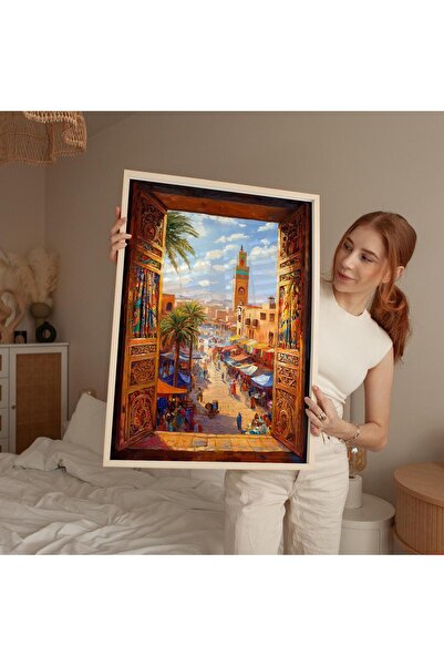 NinaStore Fas Pazarı Manzarası Duvar Sanatı Renkli Marakeş Pencere Posteri Or...