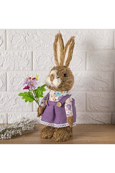OEM Figurina Decorativa de Paste din Iarba Iepure Rochie Lila Flori 34cm