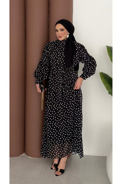 demet's collection Heli̇n Polka Dot Chiffon Gathered Dress