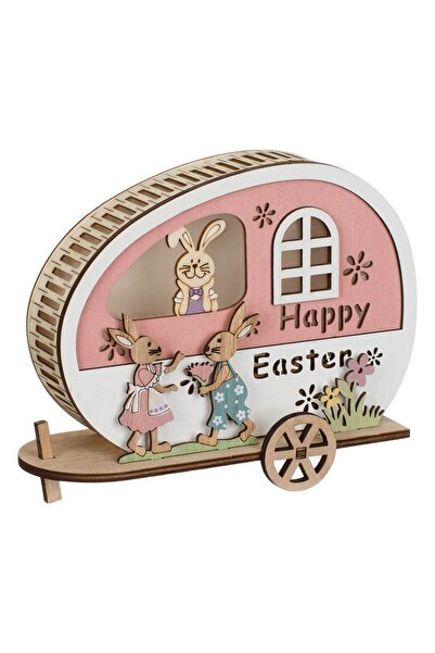 OEM Decoratiune din Lemn de Paste Ou Caleasca Iepurasi 5 LED 21x7x15cm