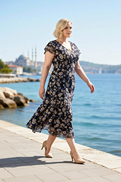 BENERLY Women's Plus Size Midi Dress Midi V-Neck Short Sleeve Ruffle Chiffon ...