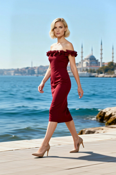 BENERLY Women's Plus Size Dress Woven Carmen Collar Ruffle Detailed Off Shoul...