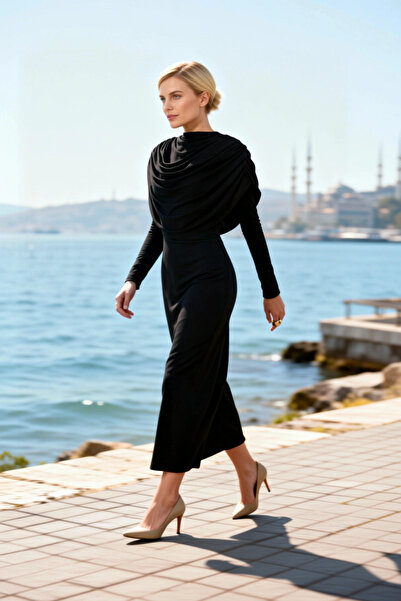 BENERLY Women's Maxi Dress Degaje Collar Long Sleeve Molded Plain Pattern Kni...