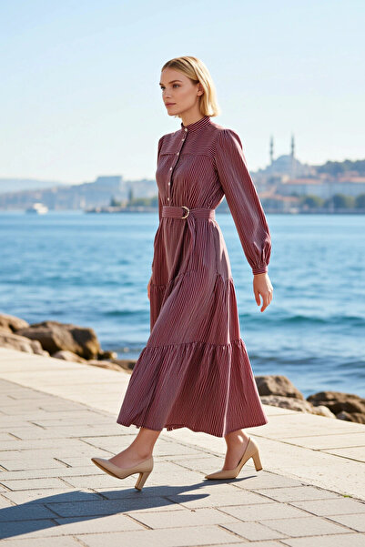 BENERLY Women's Maxi Dress High Neck Balloon Sleeve Long Woven Terrycotton Un...