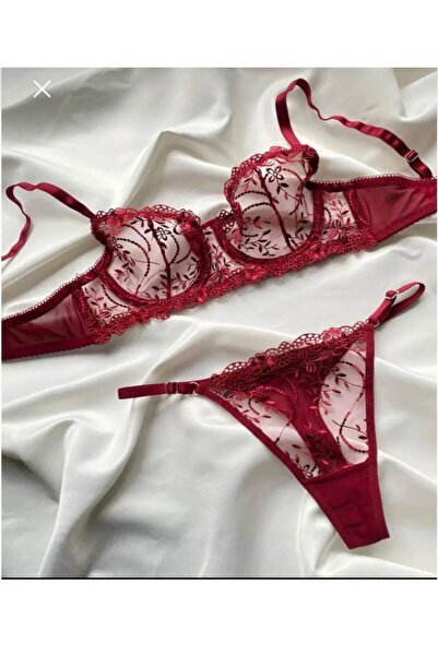 mendoza store Burgundy Brode Bra Set with Thong Panties