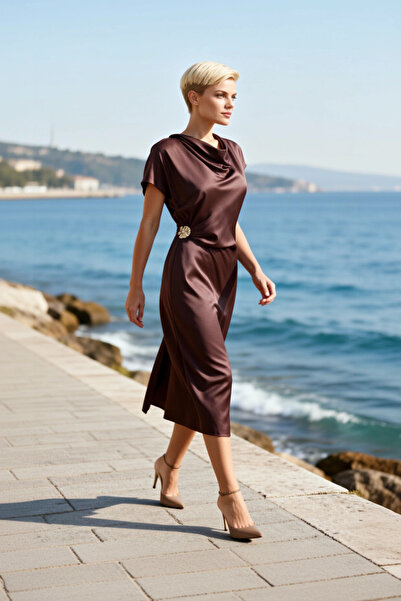 BENERLY Women's Midi Dress Degaje Collar Short Bat Sleeve Skater Pattern Wove...