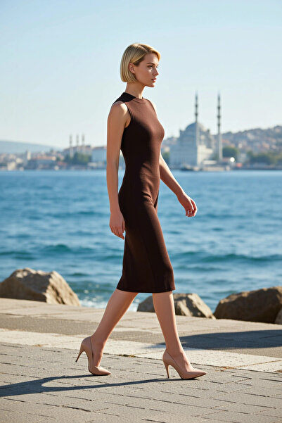 BENERLY Women's Midi Dress High Neck V Long Sleeve Flounce Textured Knitted S...