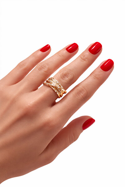 Giz Gümüş 925 Ayar Gümüş Altın Kaplama Zirkon Taşlı Kalın Sarmal İtalyan Yüzük