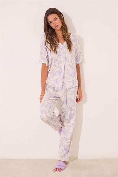 Perspective Women Secret White Patterned V-Neck Pajama Set