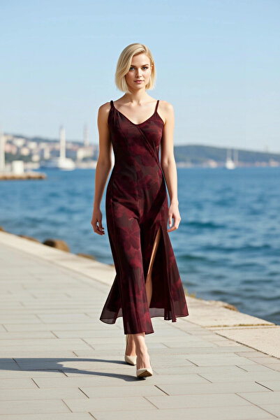 BENERLY Women's Midi Dress A-Line V-Neck Thick Straps Sleeveless Abstract Flo...