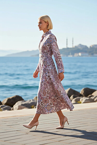 BENERLY Women's Maxi Dress Lapel Long Sleeve a Line Mold Floral Pattern Woven...