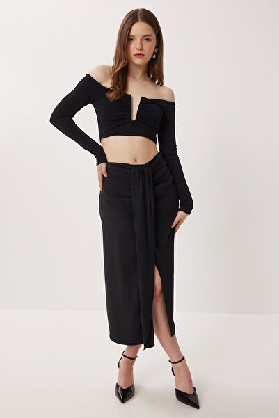 Lovelyİstanbul Fustă țesută cu fante și detalii tip șurub LDP0096 NEGRU