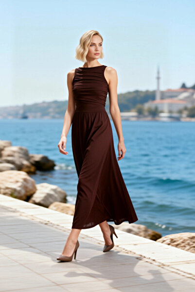 BENERLY Women's Maxi Dress Boat Neck Sleeveless A-Line Knitted Shirred Plain ...