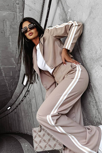 Mad Diva Cream Smart Casual Set with Striped – Cropped Jacket and Wide Leg Pa...