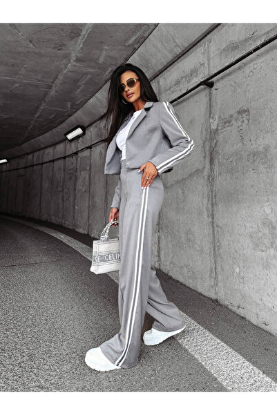 Mad Diva Grey Smart Casual Set with Striped – Cropped Jacket and Wide Leg Pan...