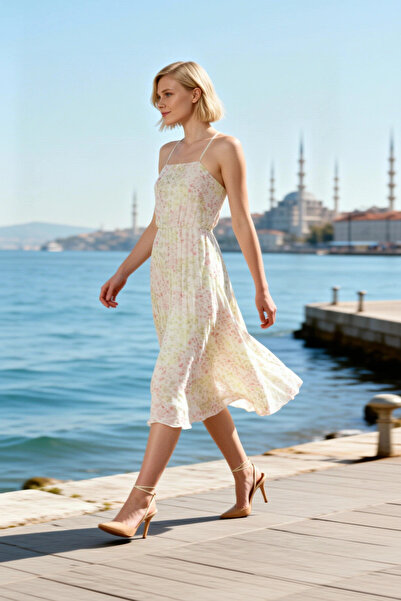 BENERLY Women's Midi Dress with Straps Strapless Neckline Sleeveless Pleated ...