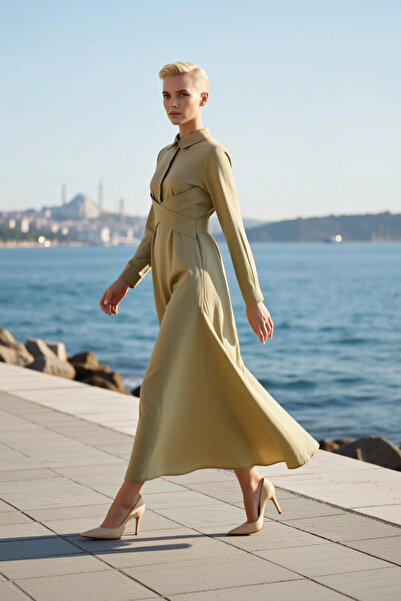 BENERLY Women's Maxi Dress Lapel Long Sleeve Woven Fabric Plain Pattern Cross...