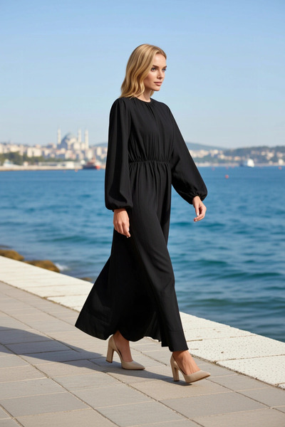 BENERLY Rochie maxi de damă, cu decolteu tip crew, mânecă lungă, manșete elas...