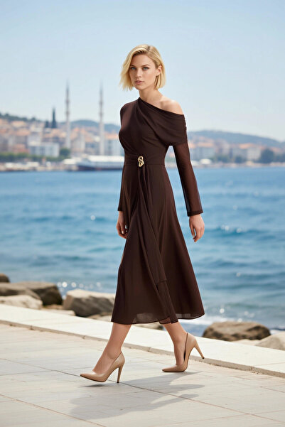 BENERLY Women's Maxi Dress Asymmetrical Collar Long Sleeve Lined A-Line Patte...