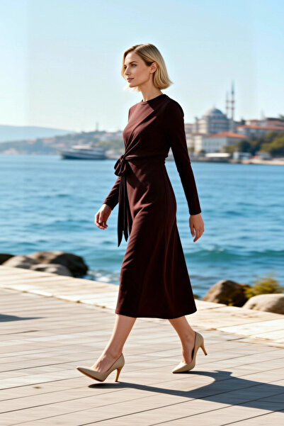 BENERLY Women's Dress Maxi Fitted Crew Neck Long Sleeve Knitted Sandy Fabric ...